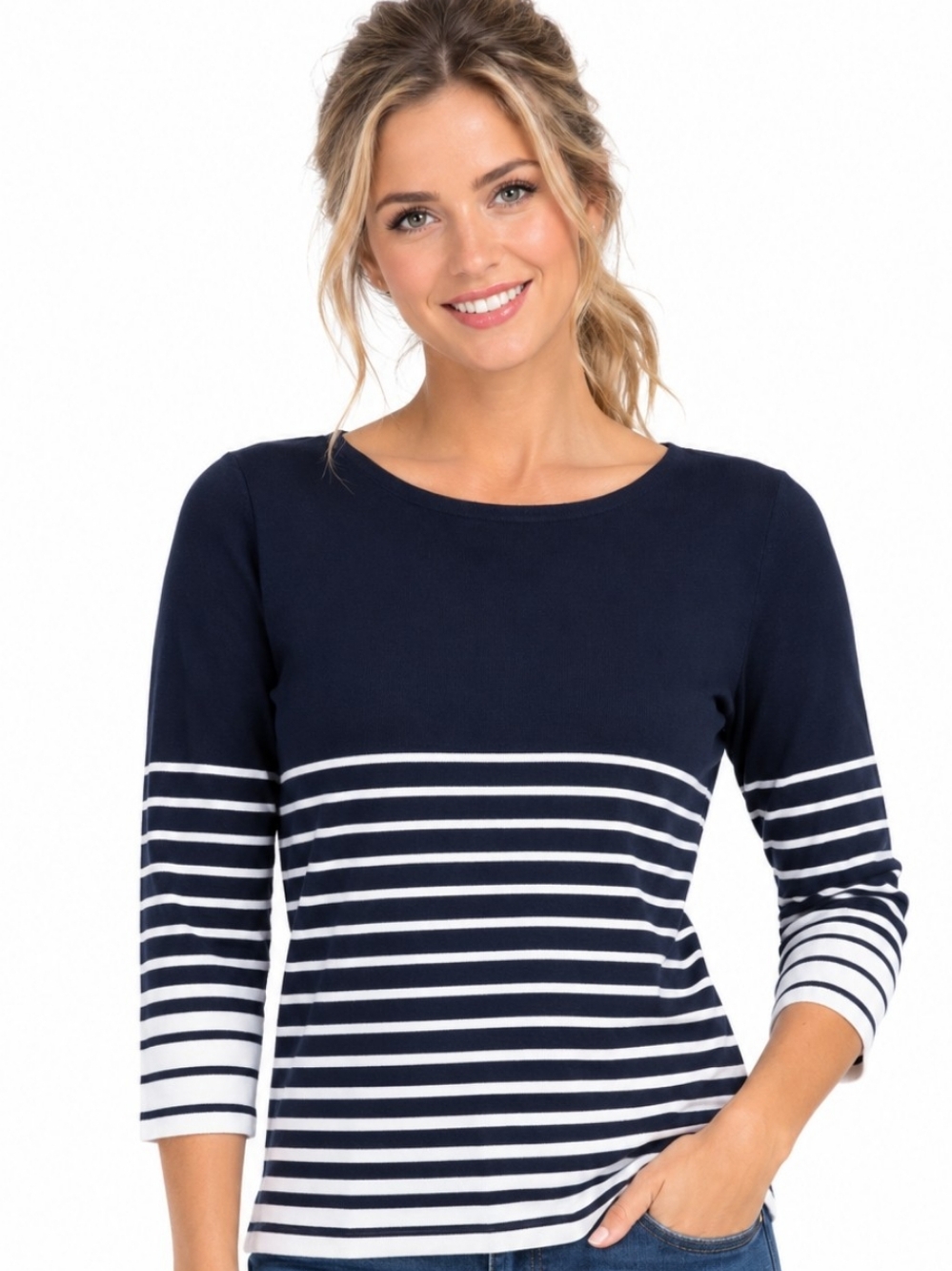FINITY Striped Crew Neck Nautical Sweater in Blue & White Size Large